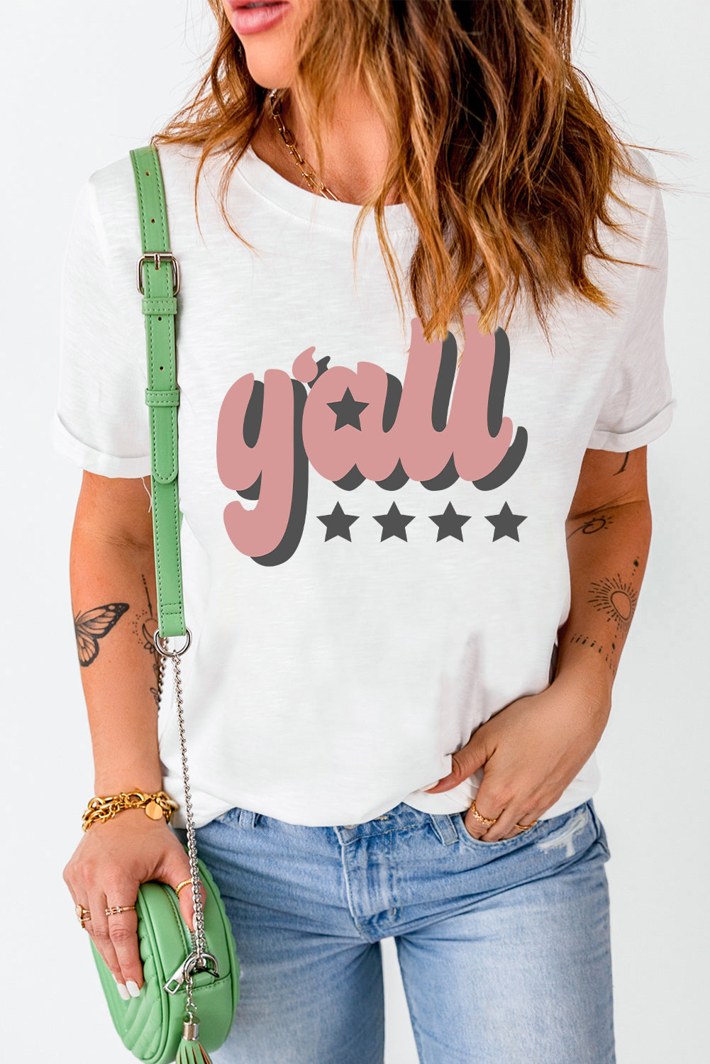 Yall Graphic Round Neck Tee in White for Women
