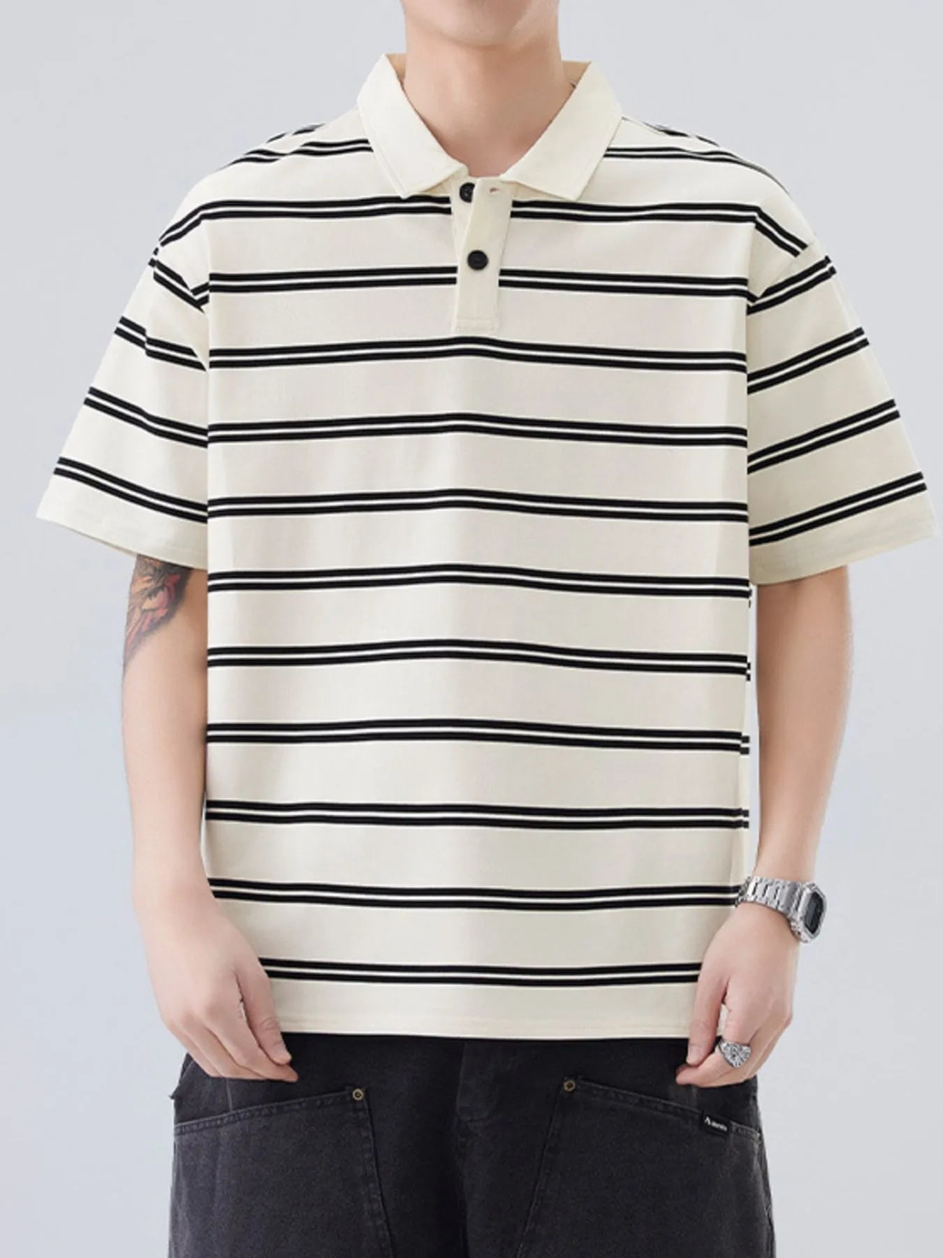 Plus Size Striped Half Sleeve Polo in Black for Men