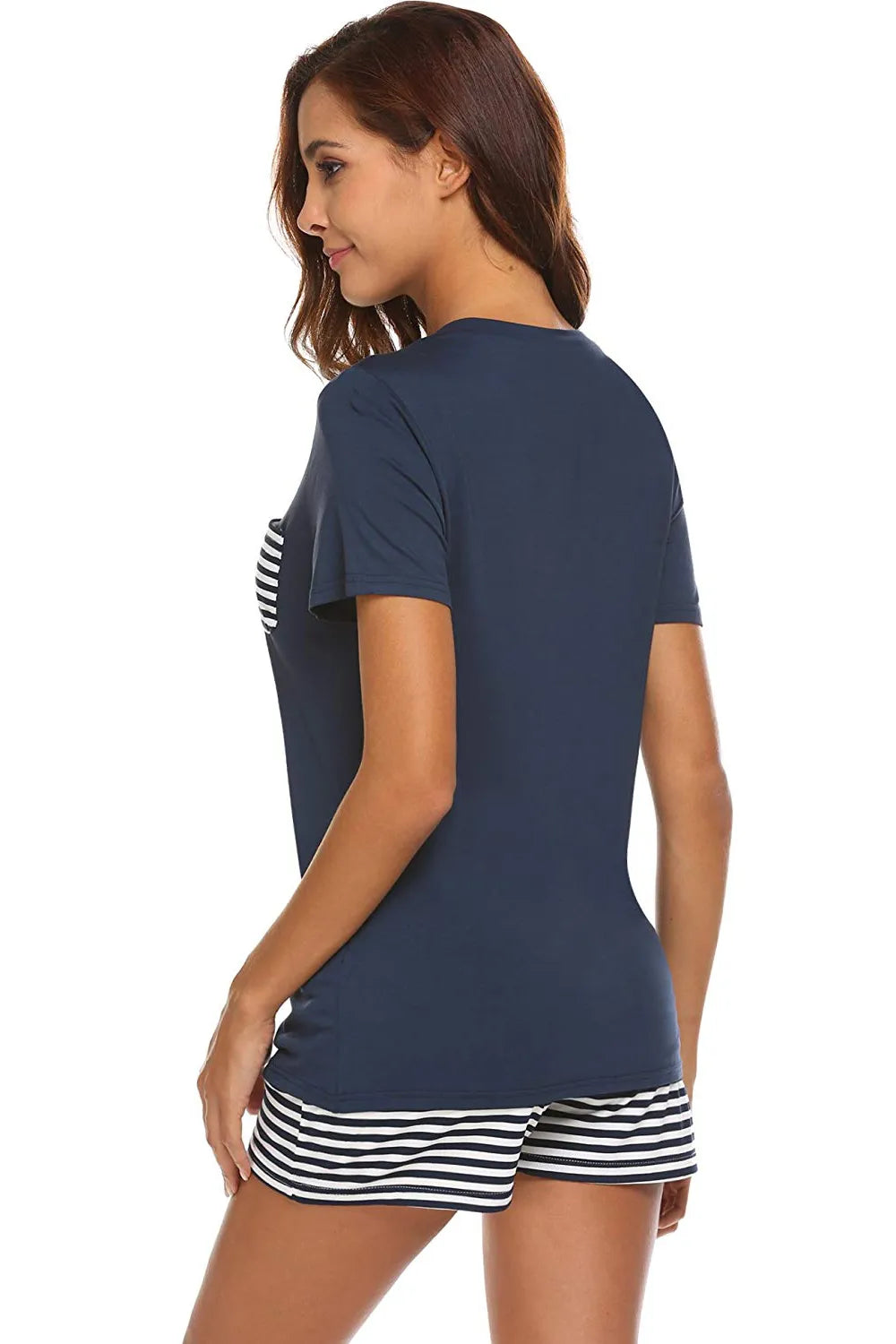 Striped Short Sleeve Top and Shorts Lounge Set in Dark Blue for Women