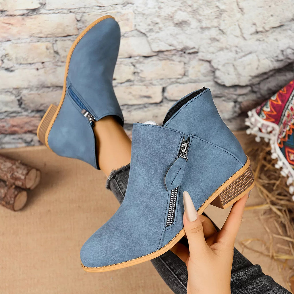 Size Zipper Block Heels Boots in Black for Women