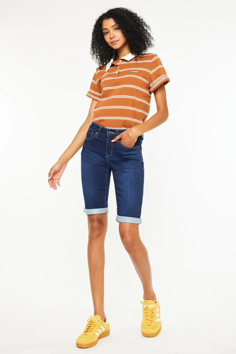 Mid Rise Bermuda Denim Shorts in Dark for Women