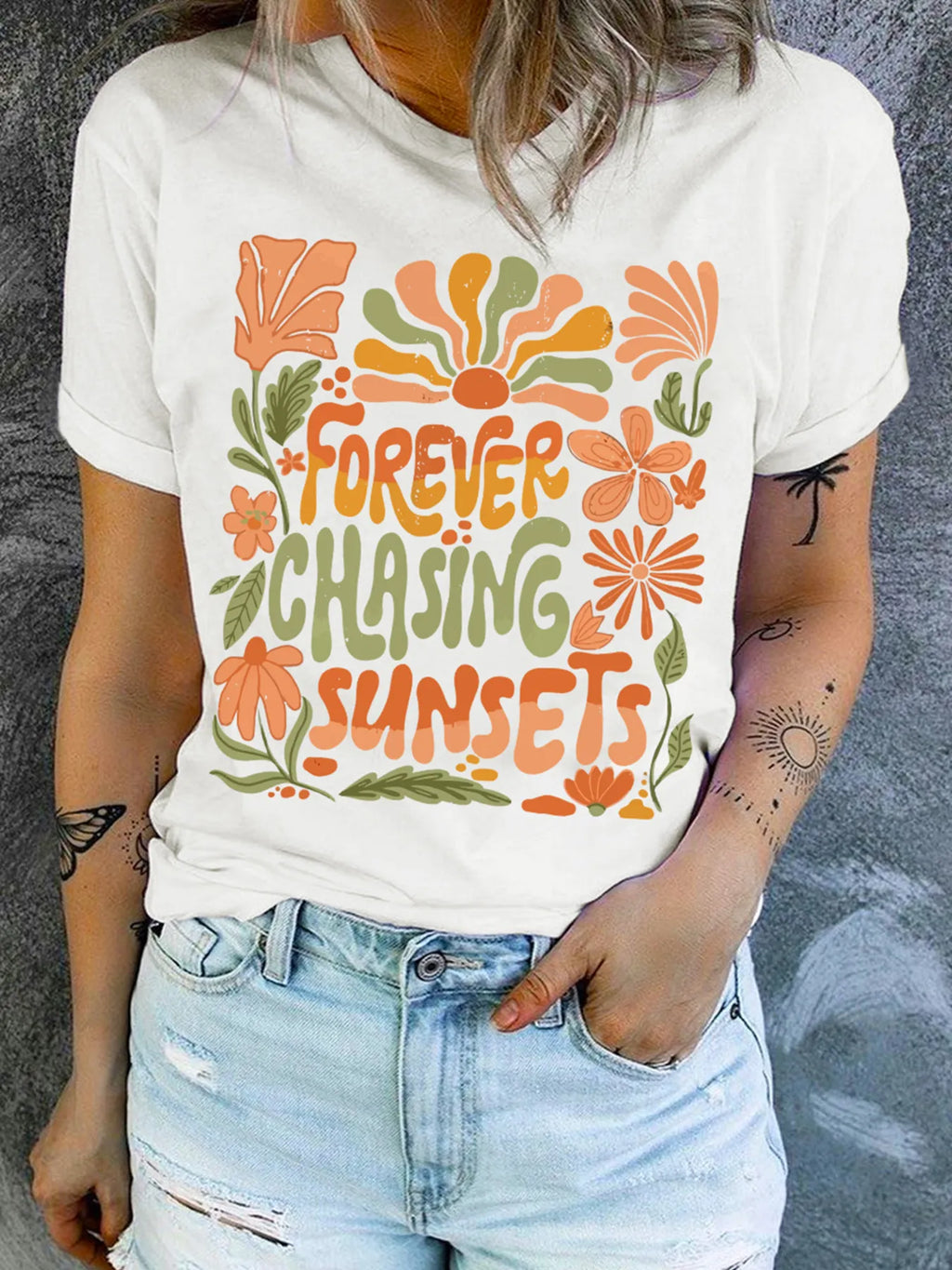 Forever Chasing Sunsets Round Neck T-Shirt in White for Women