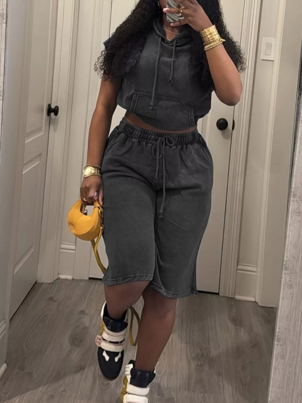 Hooded Crop Top and Shorts Set in Blue for Women