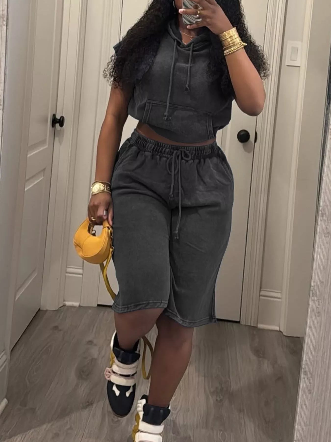 Hooded Crop Top and Shorts Set in Blue for Women