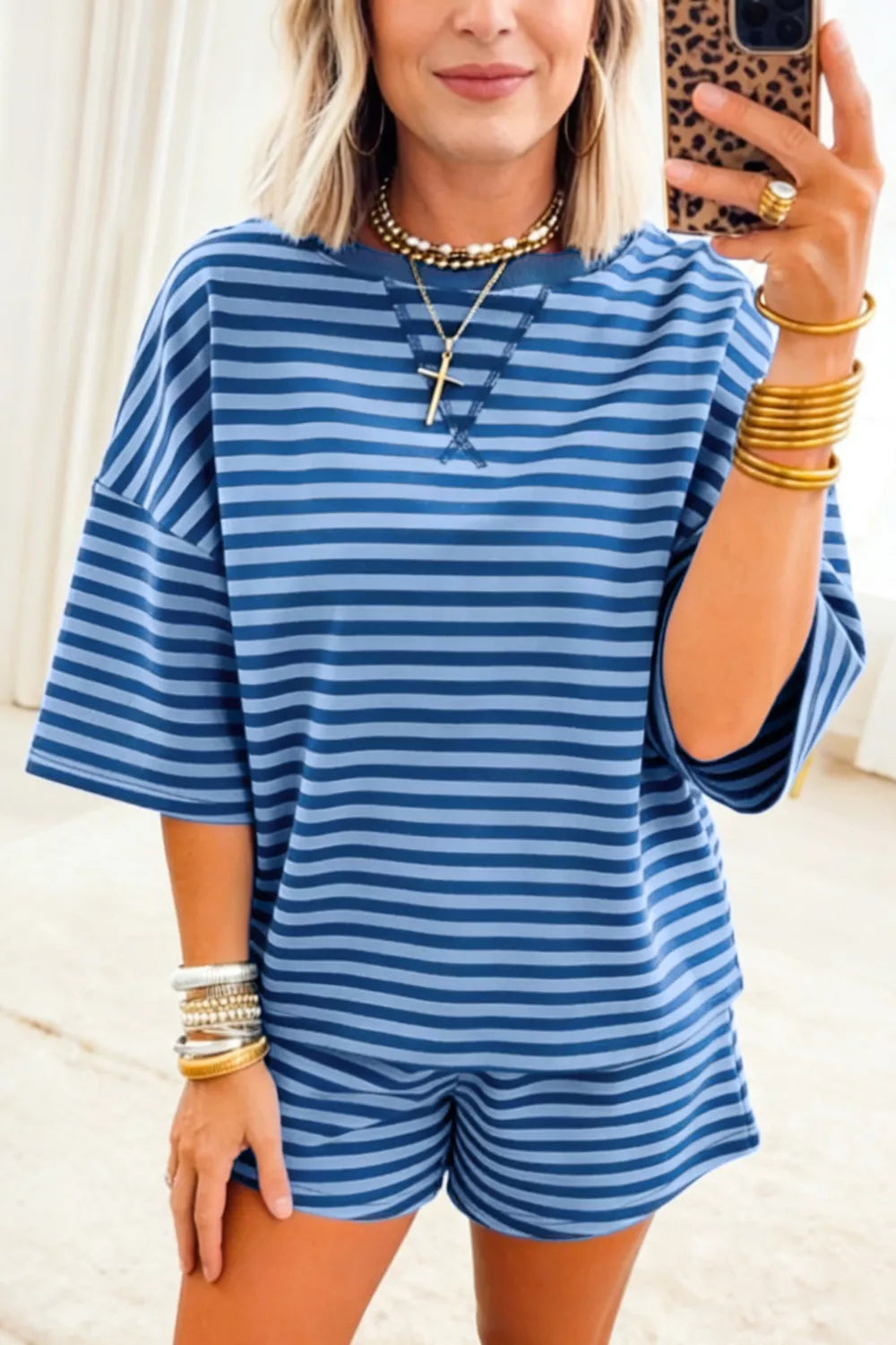 Striped Short Sleeve Top and Shorts Set in Dusty Blue for Women