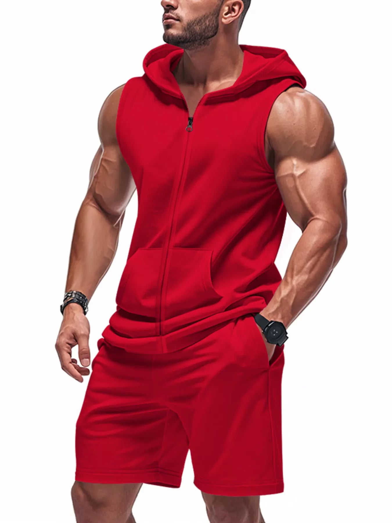 Zip Up Sleeveless Hoodie & Shorts Set Plus Size in Red for Men
