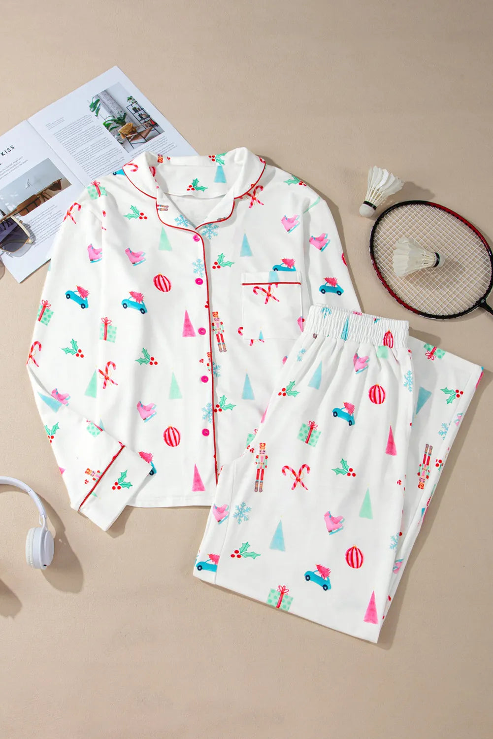 Printed Collared Neck Long Sleeve Top and Pants Lounge Set in White for Women