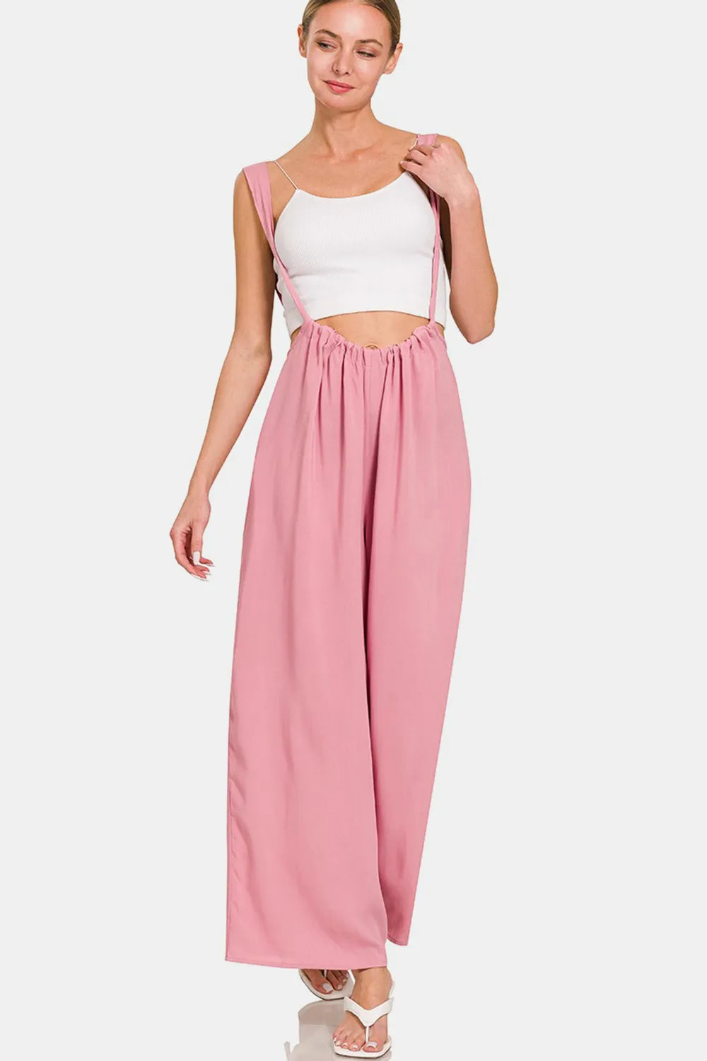 Pocketed Wide Strap Wide Leg Overalls in Light Rose for Women
