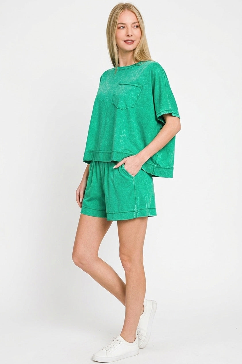 Acid Washed Oversized Top & Shorts Set in Green for Women