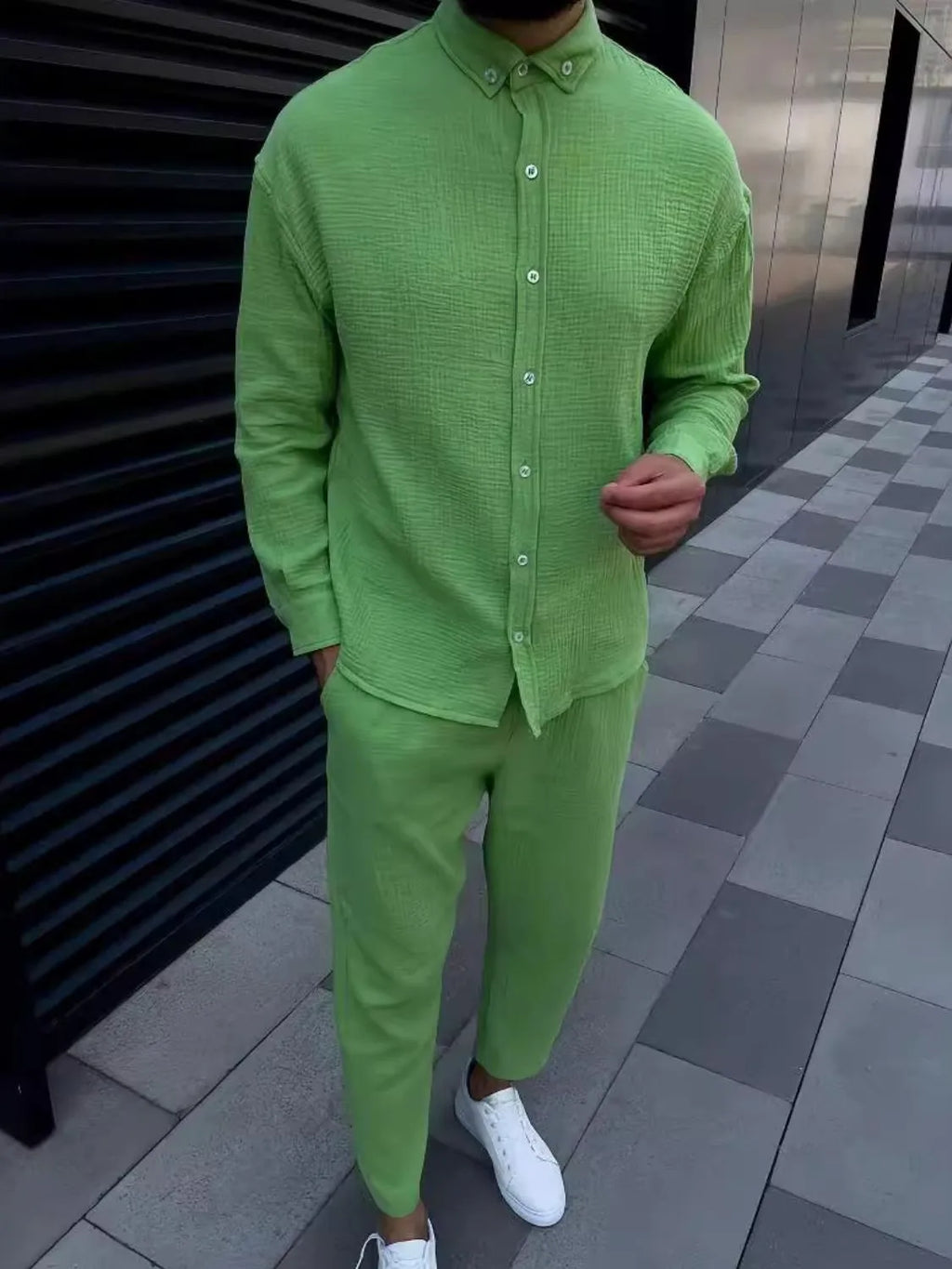 Button Down Long Sleeve Shirt and Pants Set in White for Men