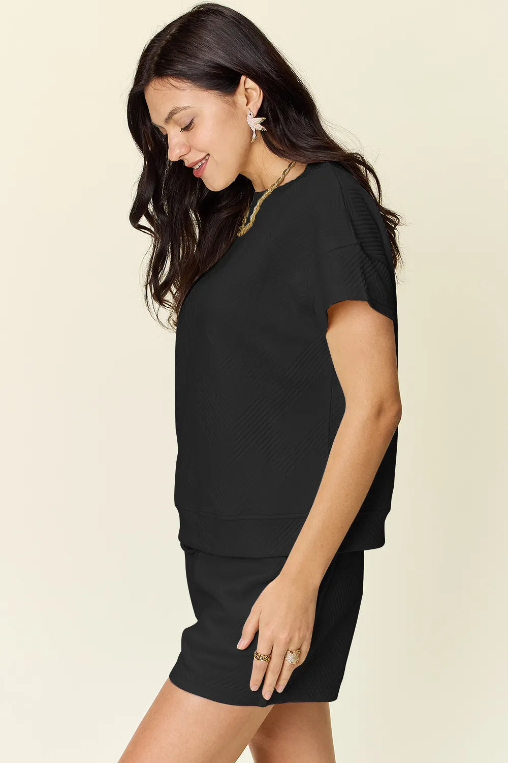 Plus Size Texture Short Sleeve T-Shirt and Drawstring Shorts Set in Mocha in Black for Women
