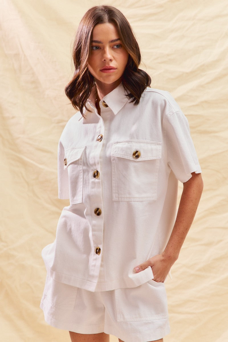 Button Down Denim Game Day Top and Shorts Set in Off White for Women