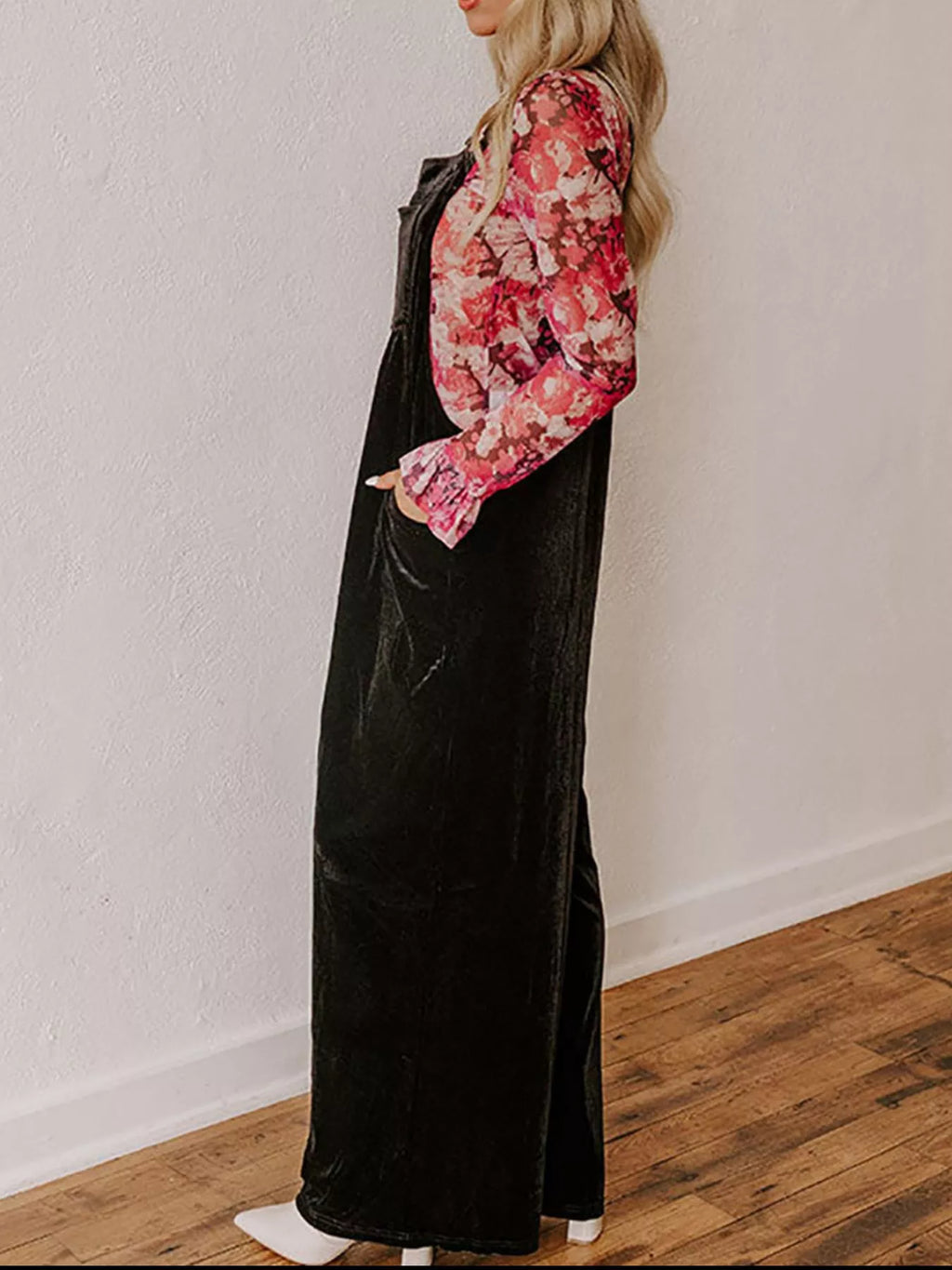Velvet Wide Leg Overalls in Black for Women