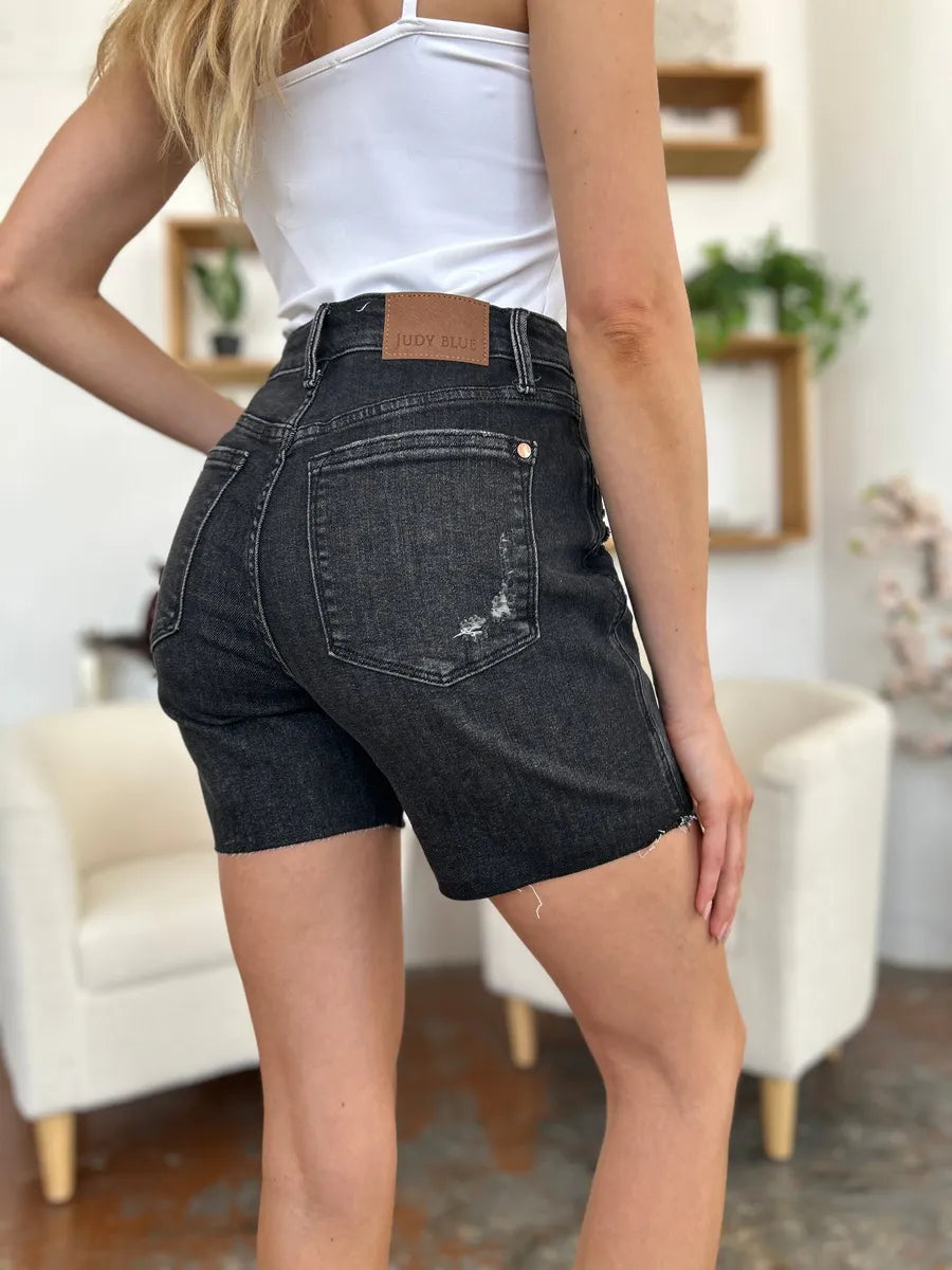 Plus Size High Waist Rigid Magic Denim Shorts in Black for Women