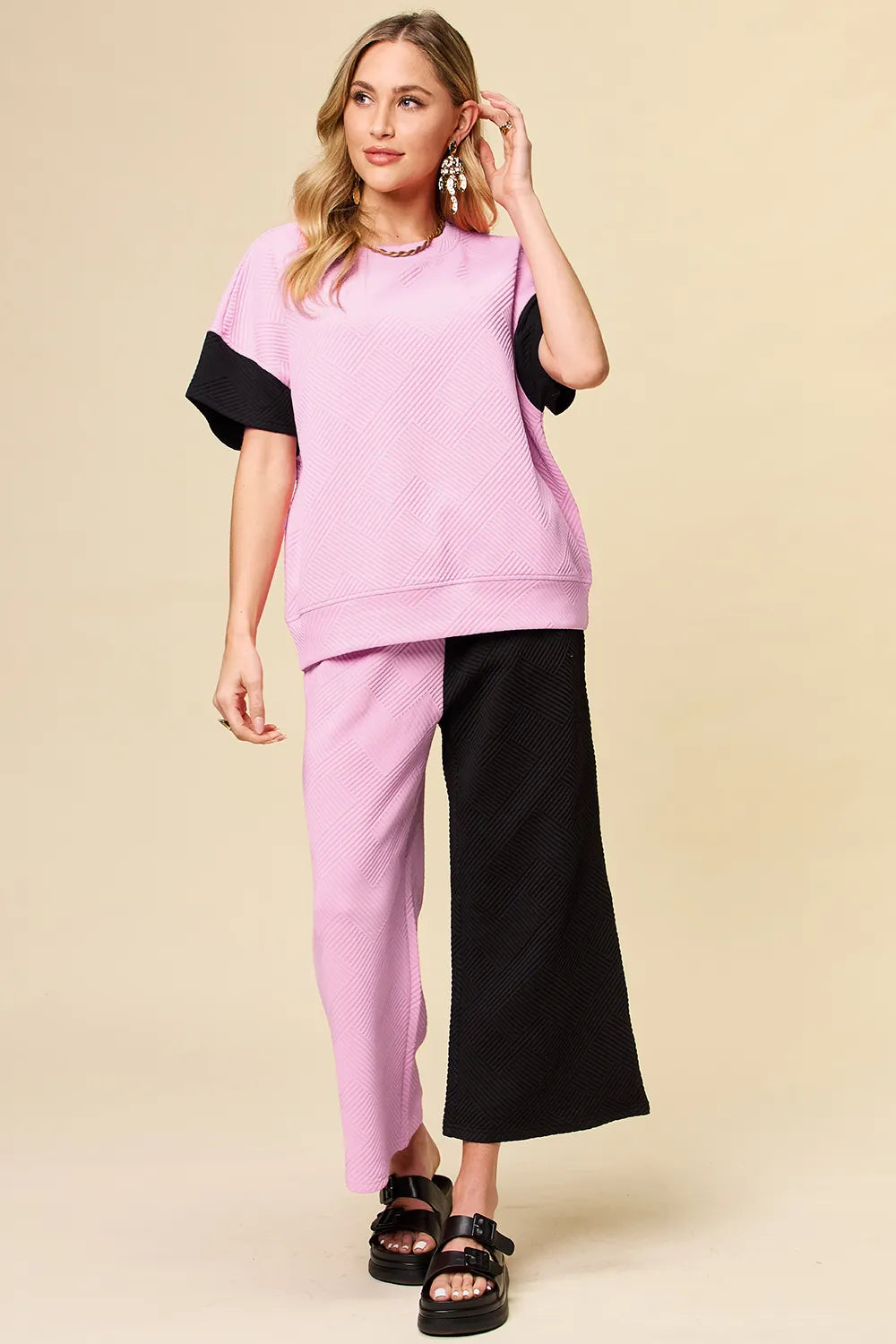 Plus Size Texture Contrast T-Shirt and Wide Leg Pants Set in Royal Blue for Women