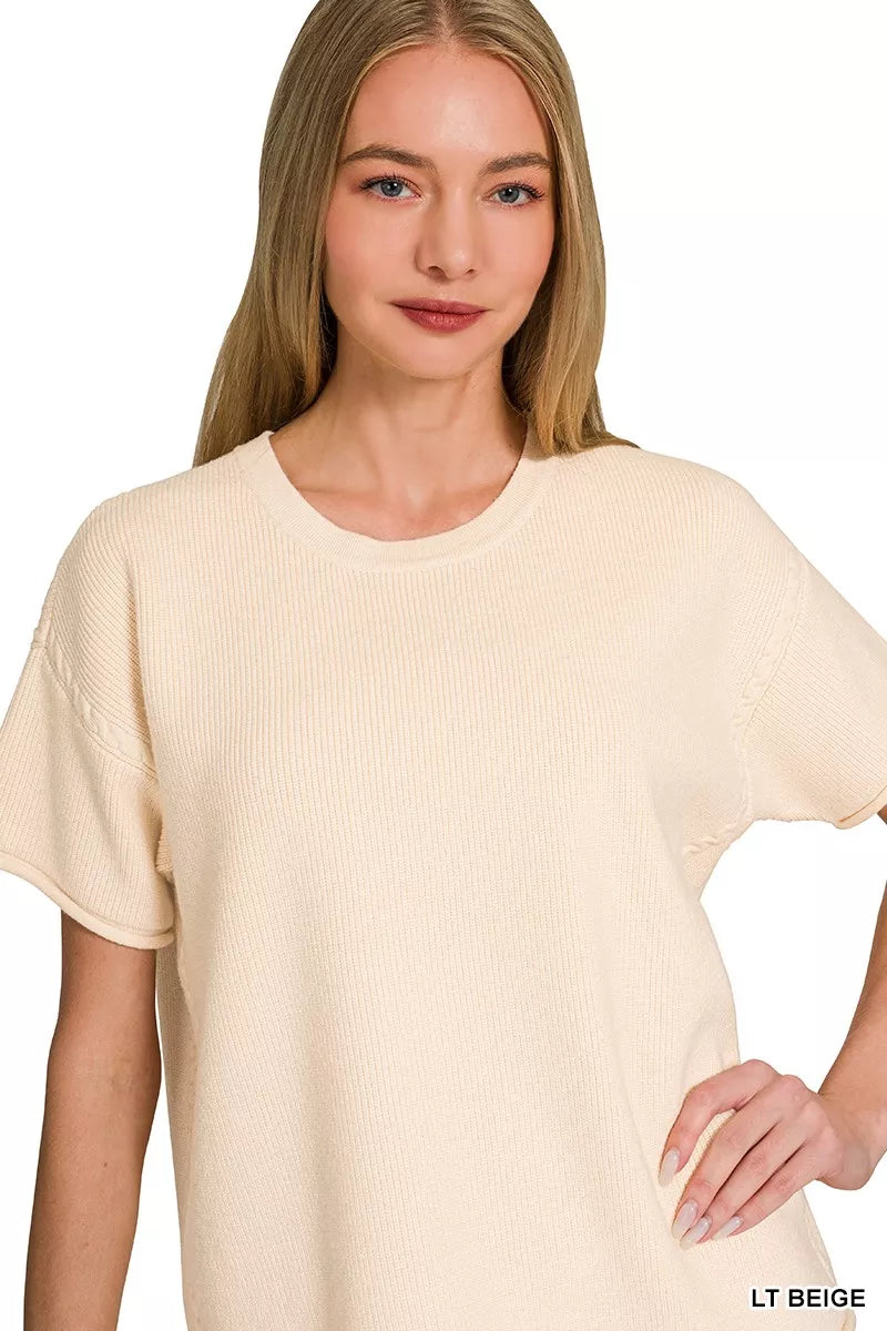 Viscose Round Neck Top & Pants Set in Light Beige for Women