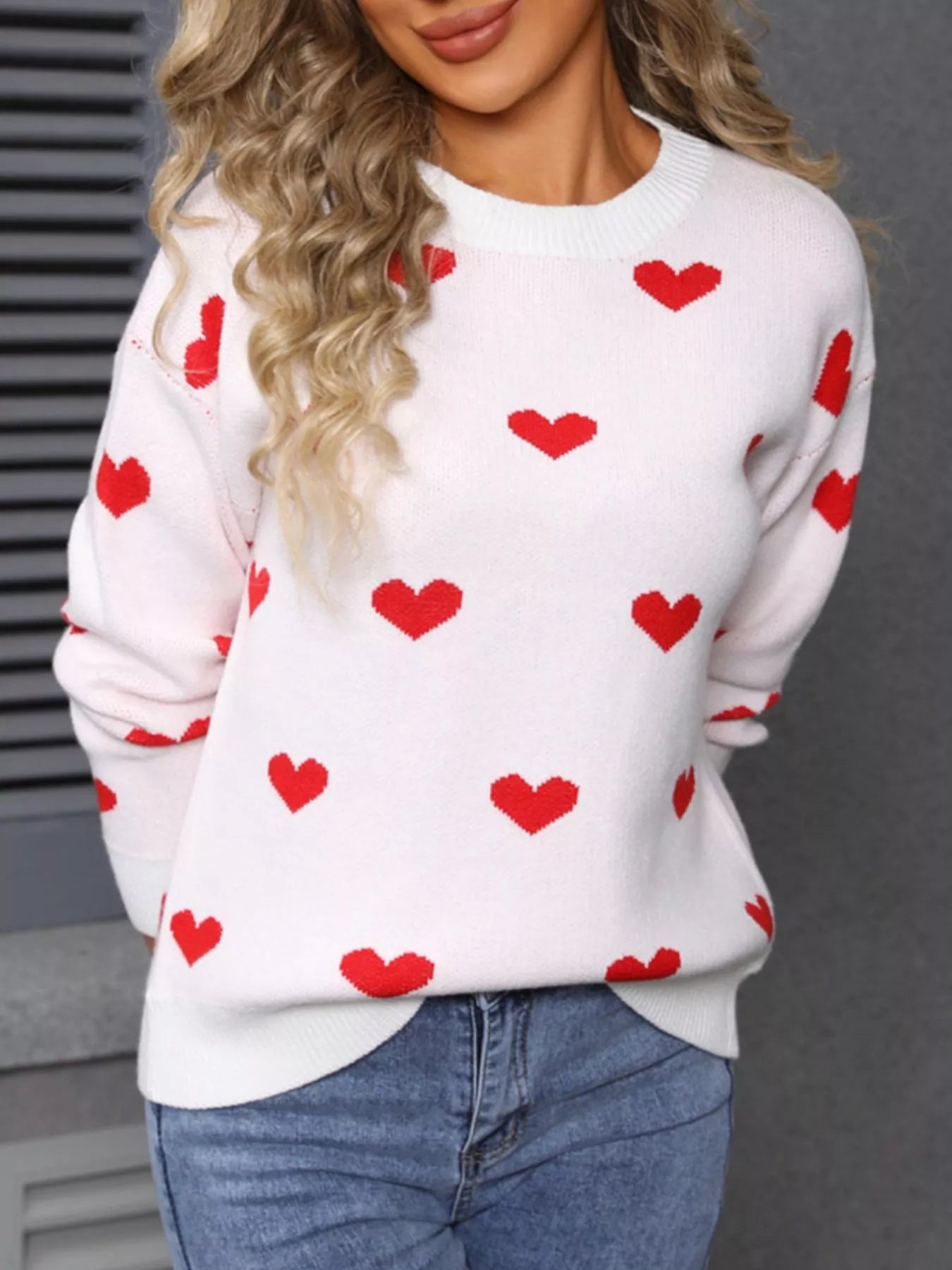 Valentines Day Heart Pattern Dropped Shoulder Sweater in White for Women