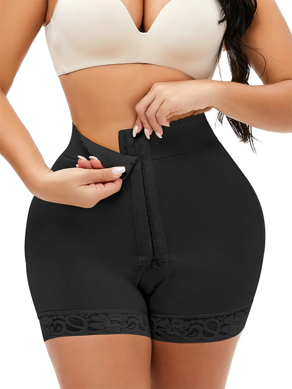 Plus Size Lace Detail Hook-and-Eye Shaping Shorts in Black for Women