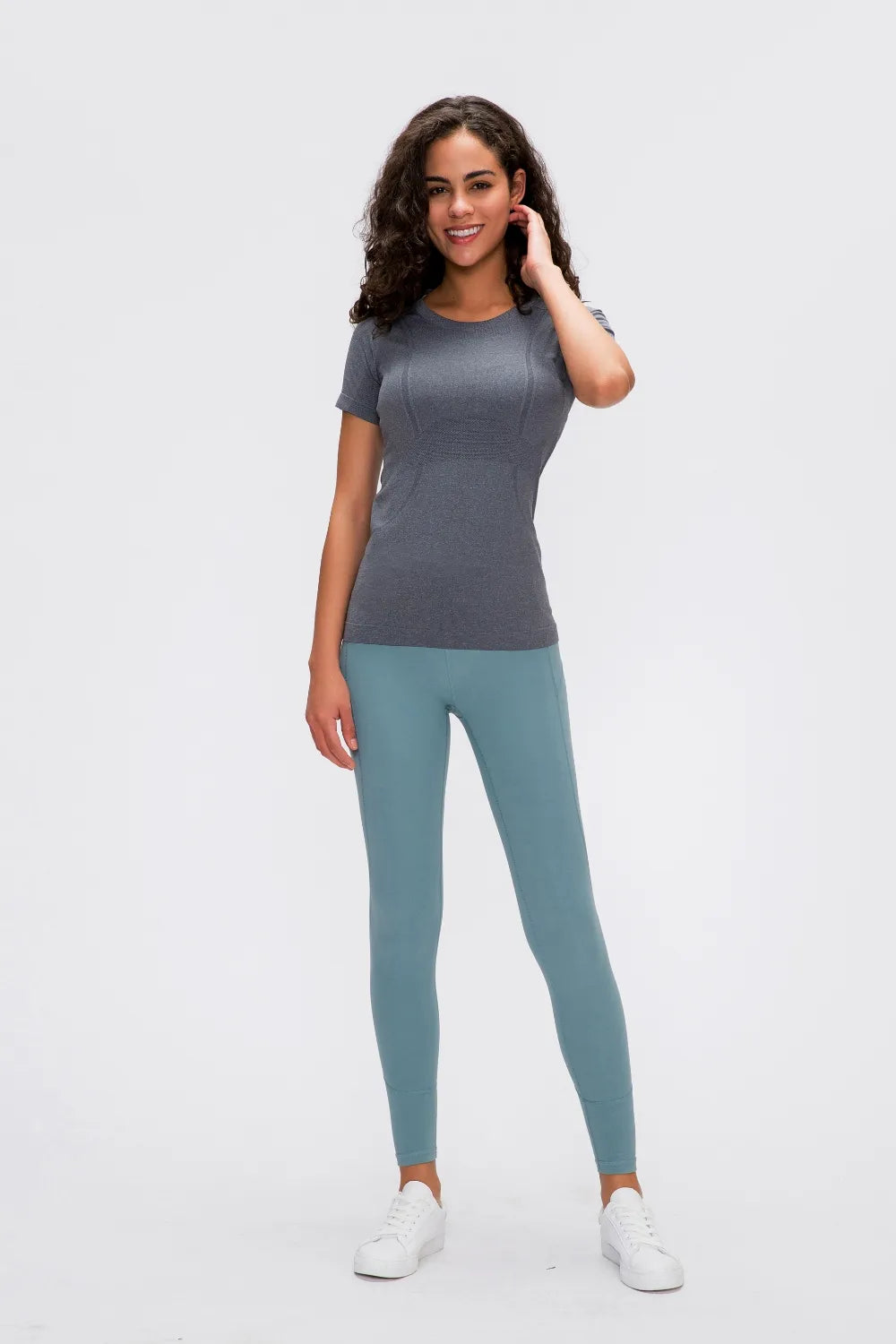 Round Neck Short Sleeve Active T-Shirt in Black in Blush Pink for Women