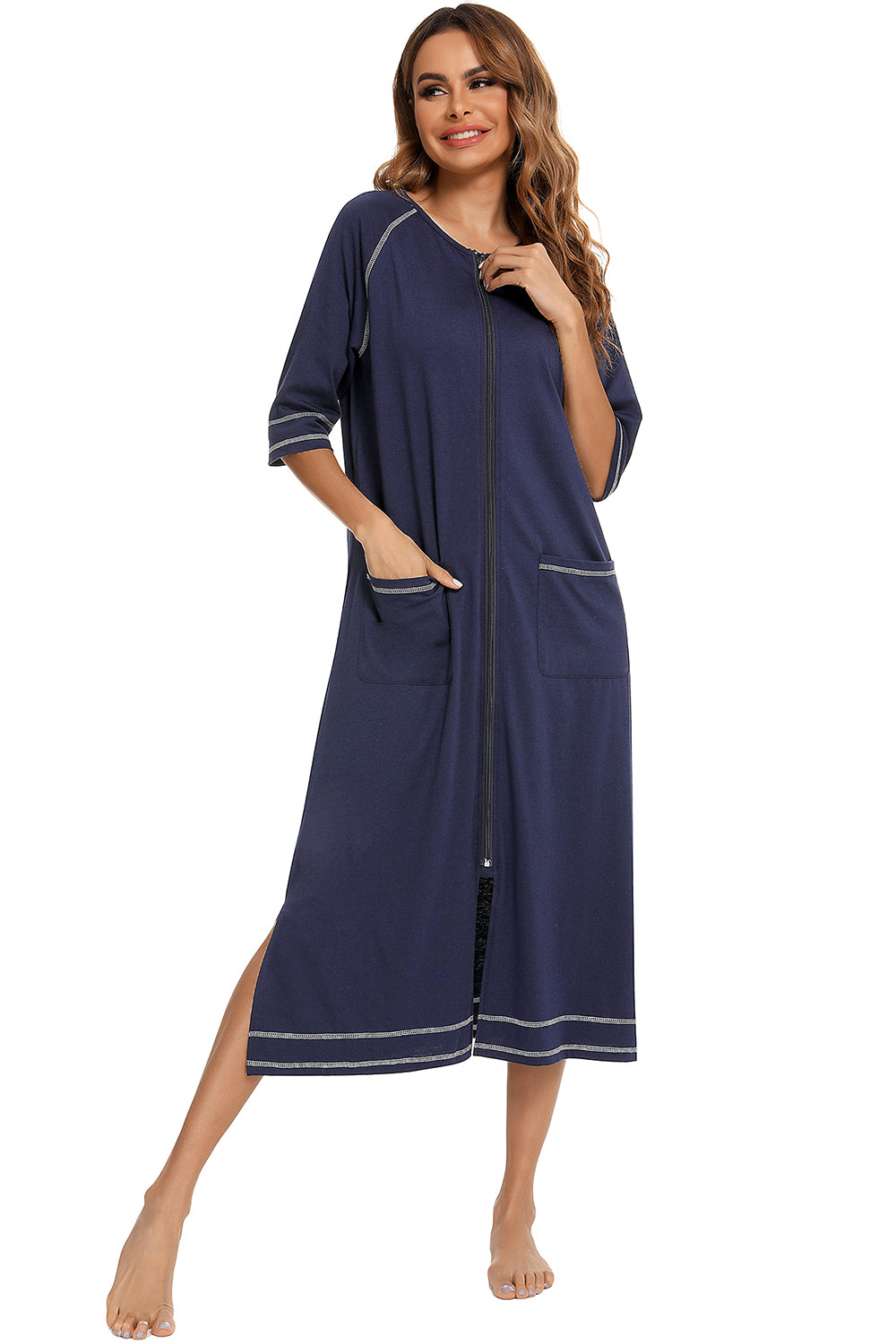 Zip Up Slit Round Neck Night Dress with Pockets in Dark Navy for Women