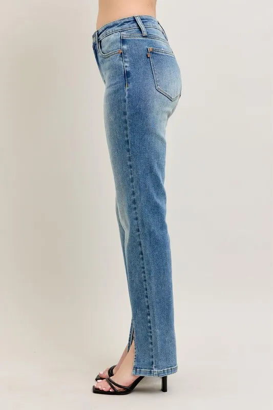 High Waist Vintage Wash Front Seam & Slit Straight Plus Size in Md for Women