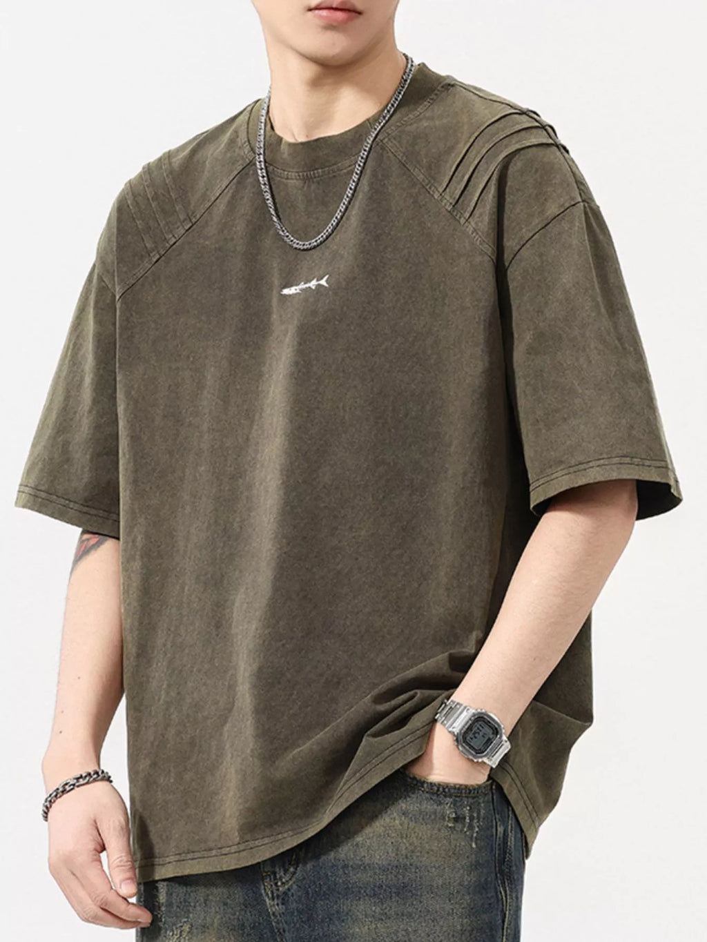 Plus Size Vintage Washed Round Neck Tee in Olive Brown for Men