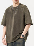 Plus Size Vintage Washed Round Neck Tee in Olive Brown for Men