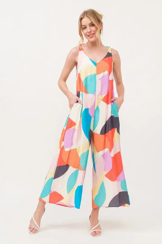 Tied Shoulder Straps Wide-Leg Geo Print Jumpsuit in Yellow Multi for Women