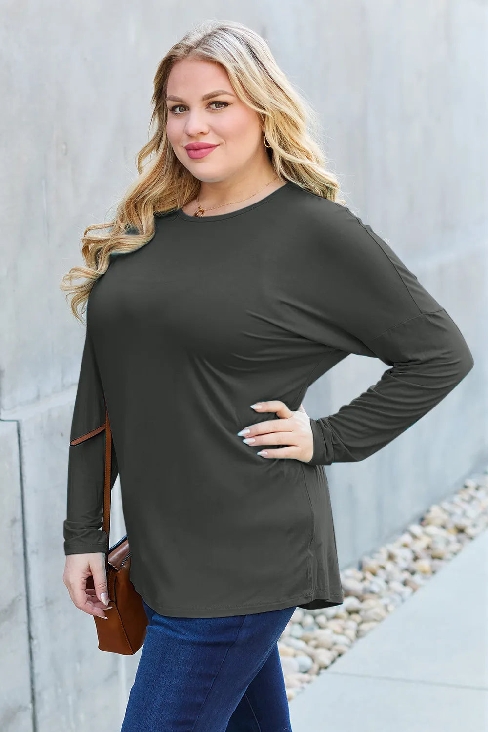 Plus Size Round Neck Dropped Shoulder T-Shirt for Women
