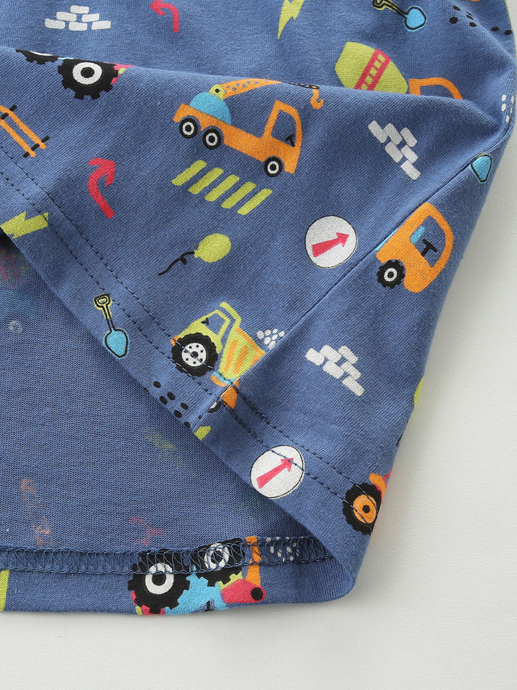 Construction Vehicle Print Short Sleeve T-Shirt in Dusty Blue for Boys