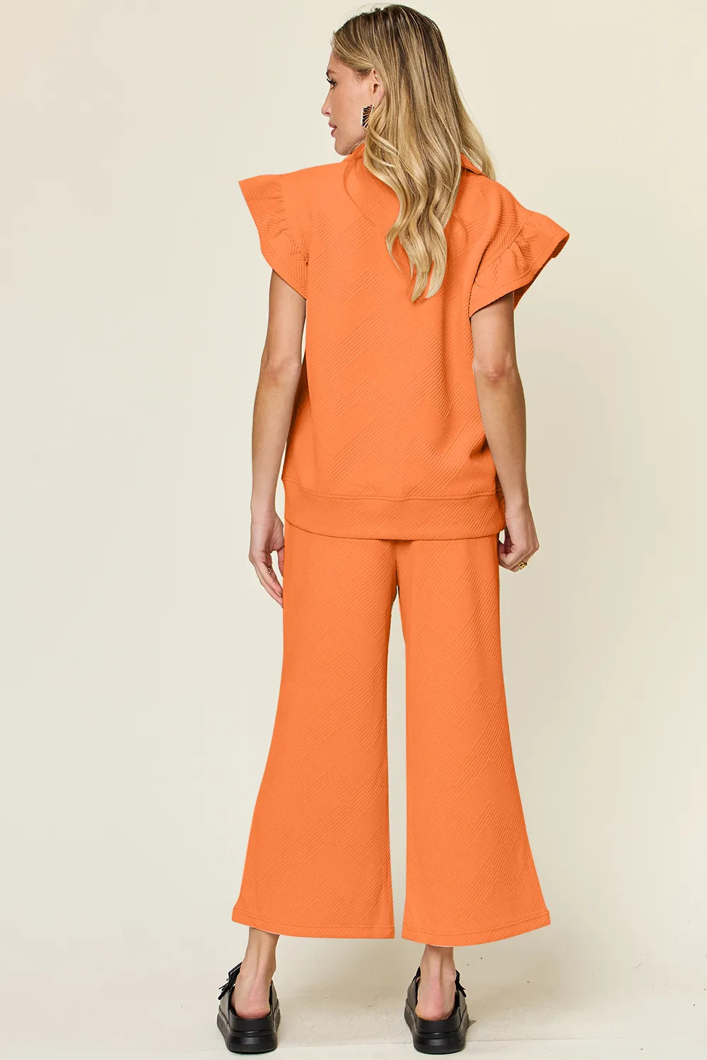 Texture Ruffle Short Sleeve Top and Drawstring Wide Leg Pants Set in Pink for Women