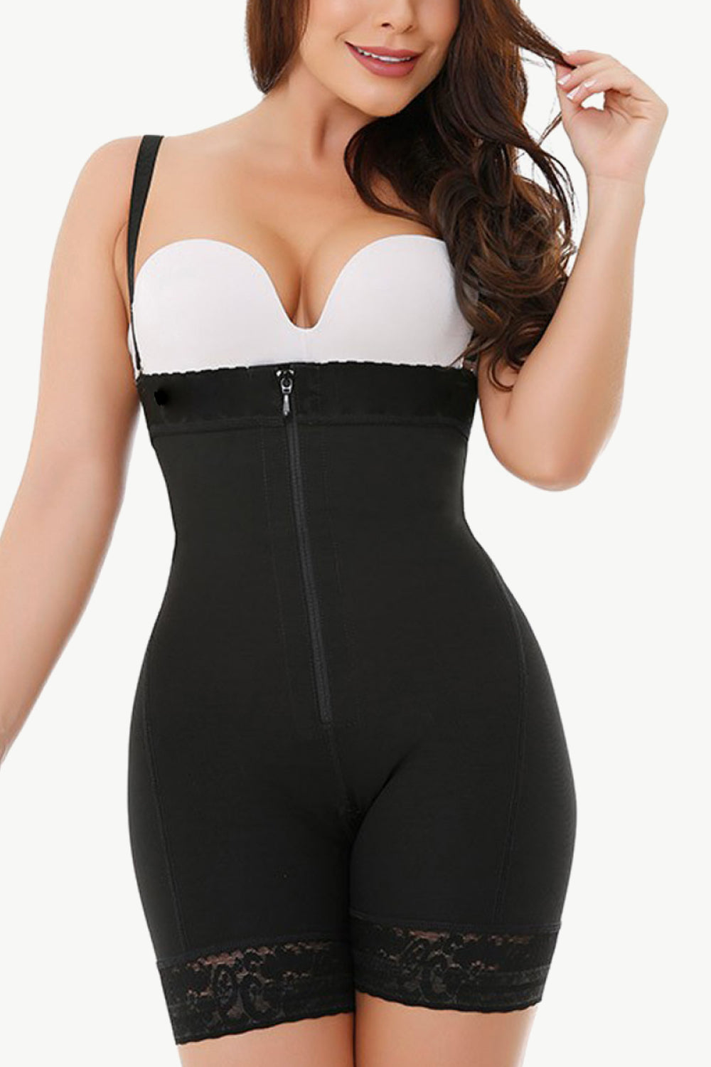 Plus Size Zip Up Under-Bust Shaping Bodysuit in Black for Women