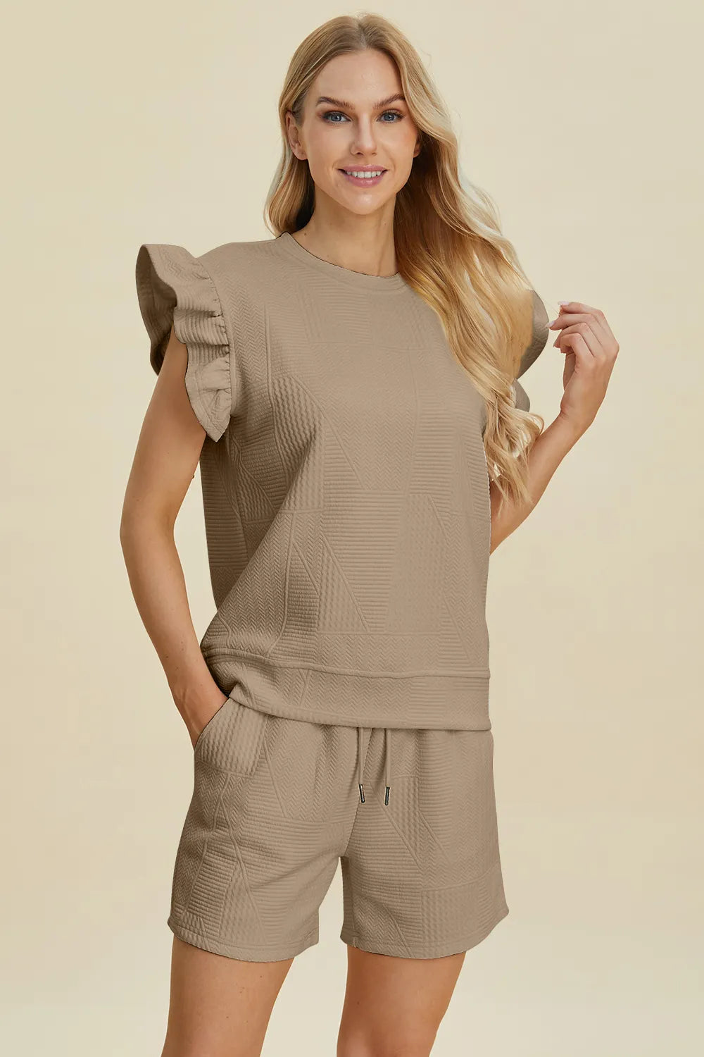 Plus Size Texture Round Neck Ruffle Sleeve Top and Shorts Set in Cream for Women