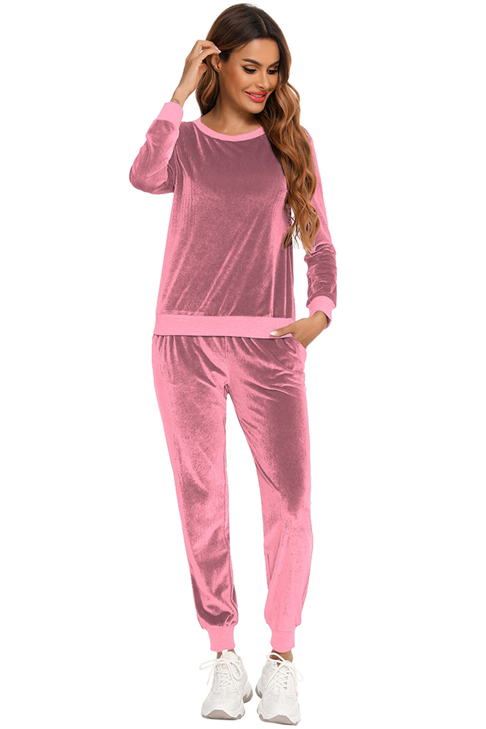 Round Neck Long Sleeve Loungewear Set with Pockets in Black for Women