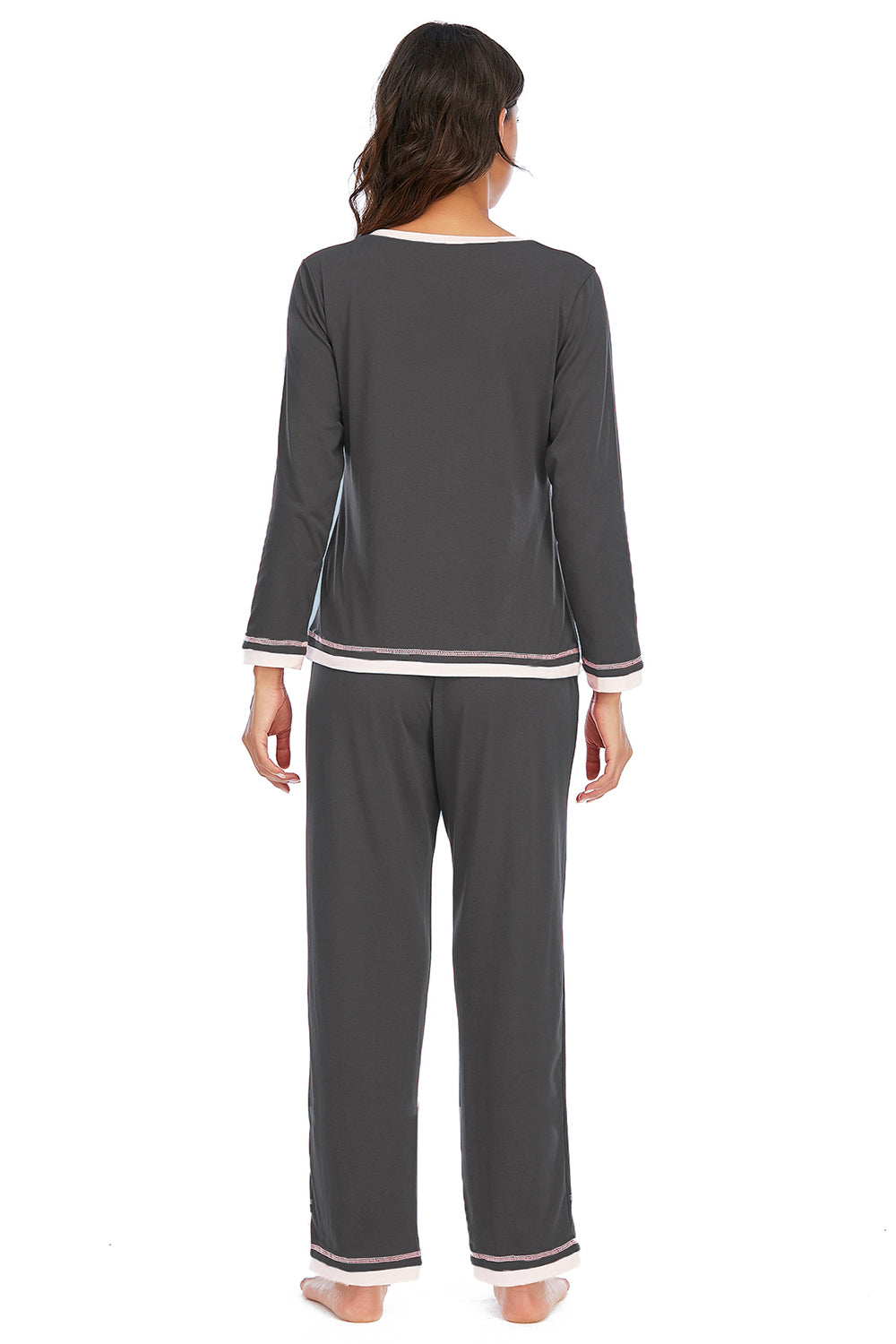 V-Neck Top and Pants Lounge Set in Charcoal for Women