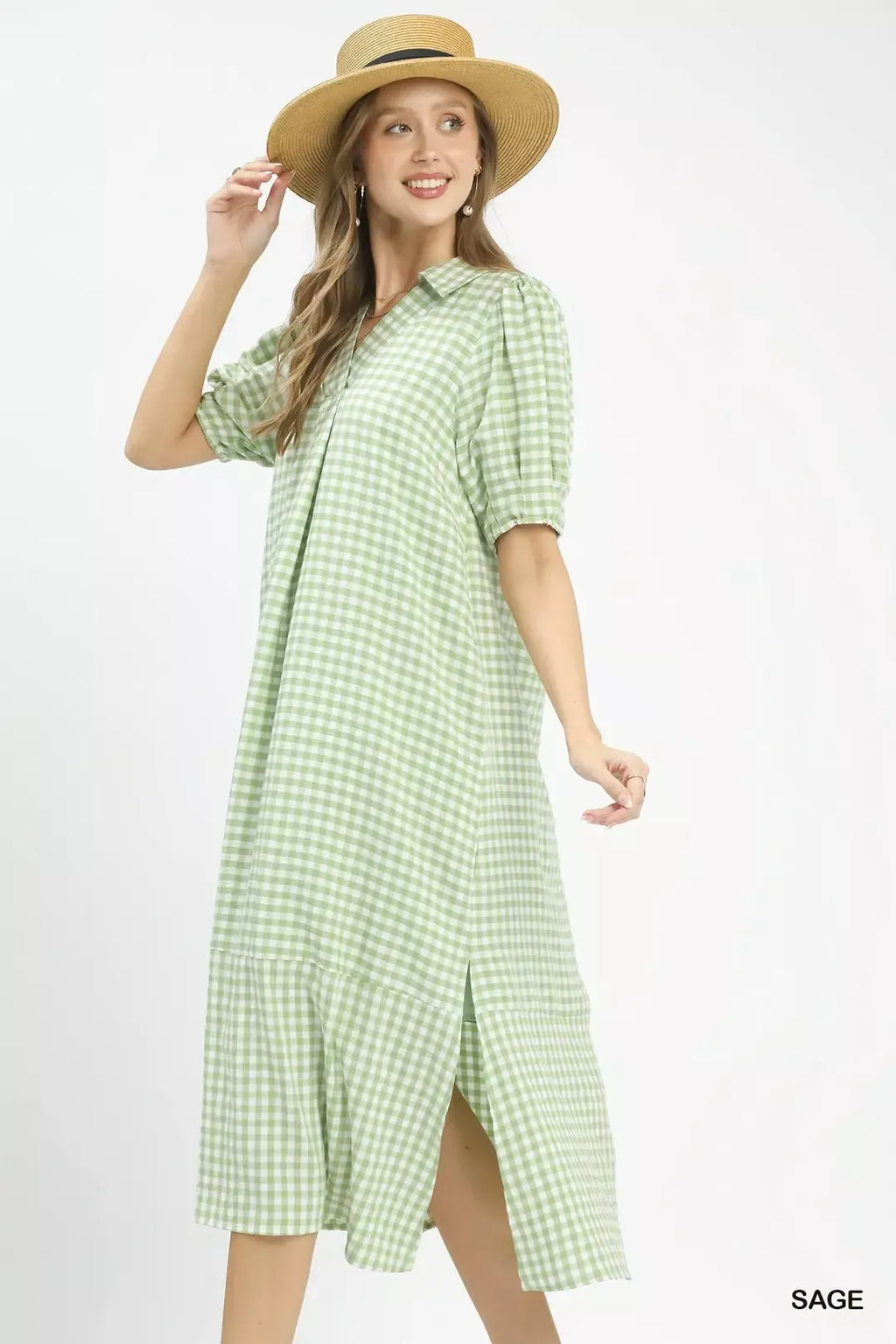 Gingham Midi Dress with Side Pockets in Sage for Women