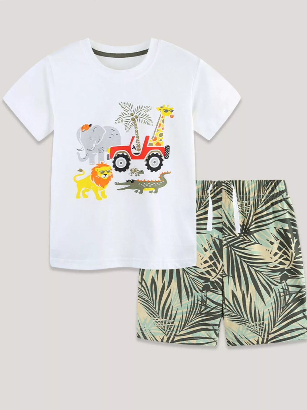 Animal Graphic Tee and Shorts Set in White for Boys