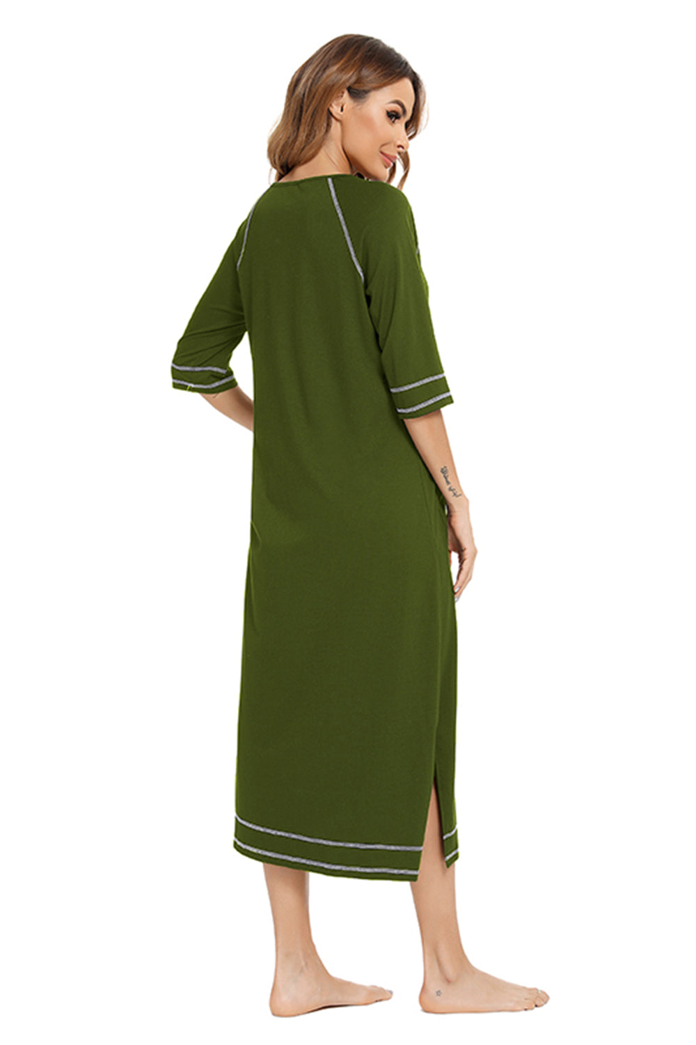 Zip Up Slit Round Neck Night Dress with Pockets in Burnt Umber for Women