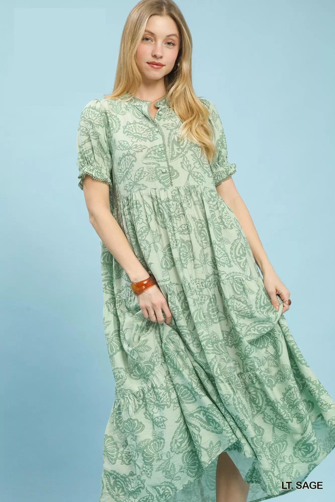 Paisley Print Tiered Midi Dress in Light Sage for Women