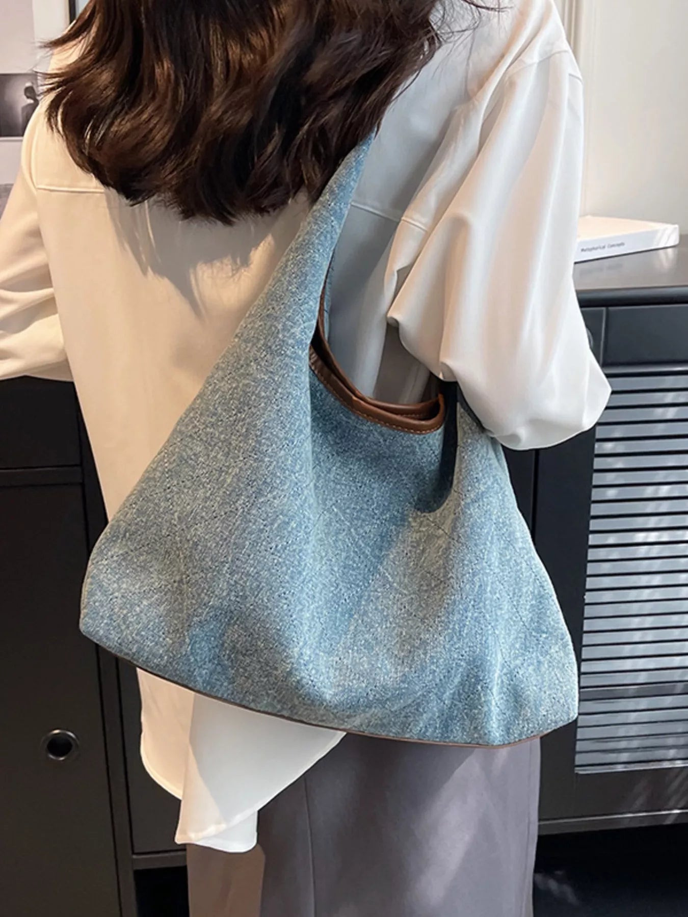 Denim Shoulder Bag with Leather Trim for Women