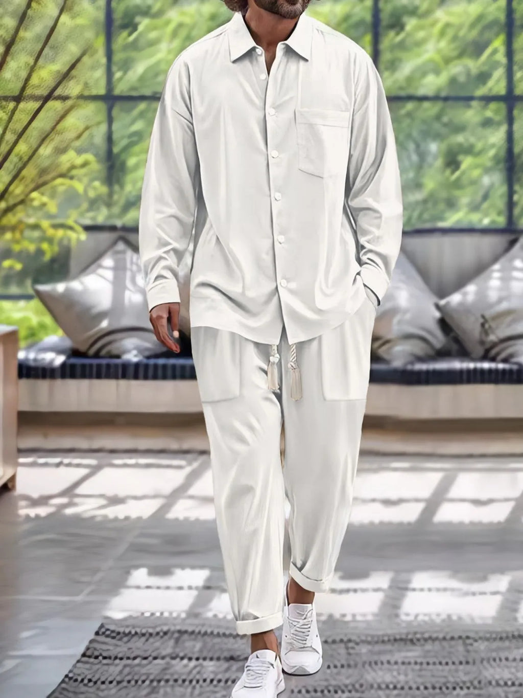 Button Down Long Sleeve Shirt and Pants Set in Light Blue for Men