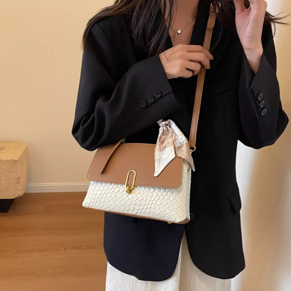 Textured Flap Crossbody Bag in Camel for Women