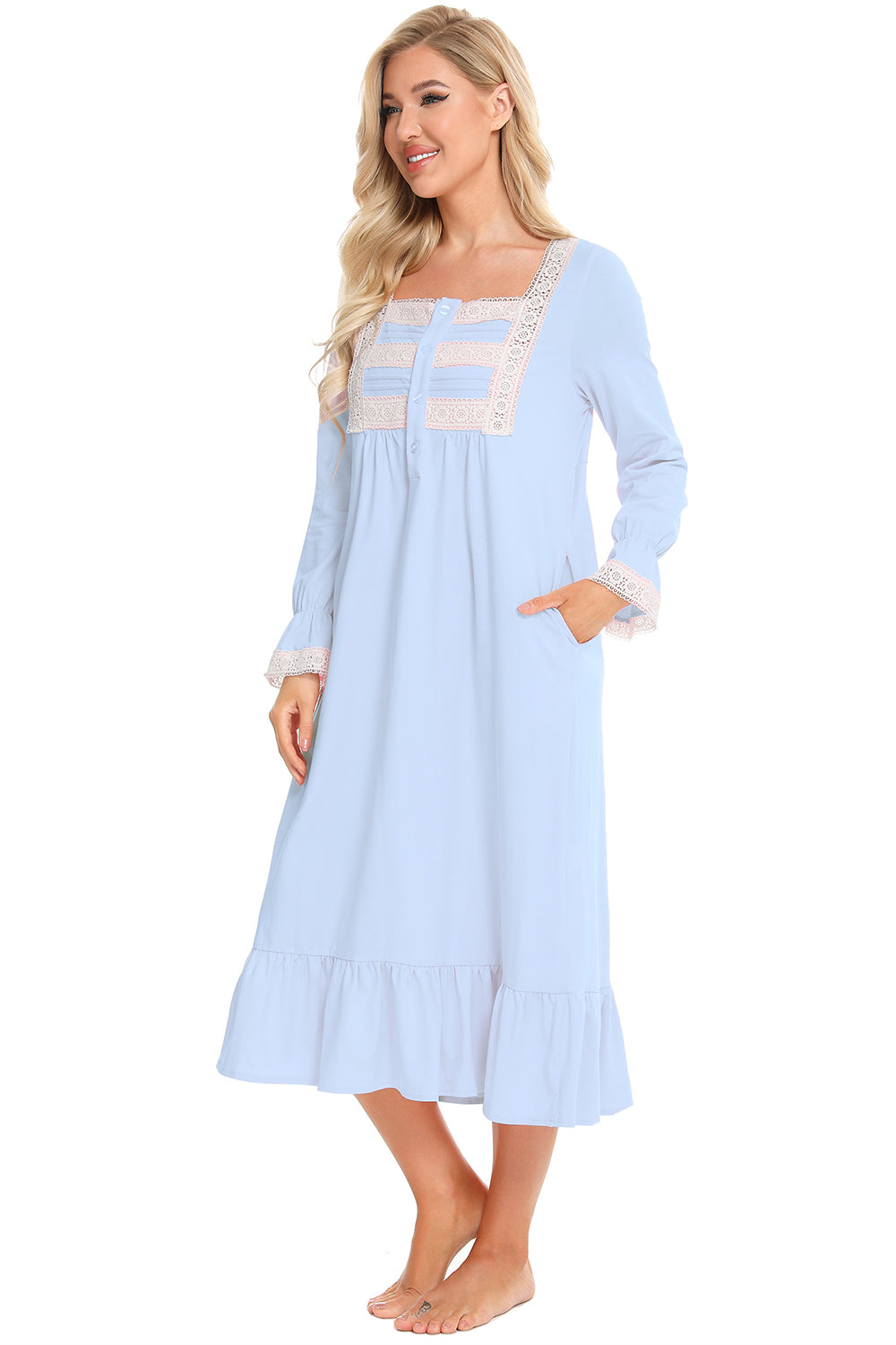 Lace Detail Square Neck Flounce Sleeve Night Dress in Pastel Blue for Women