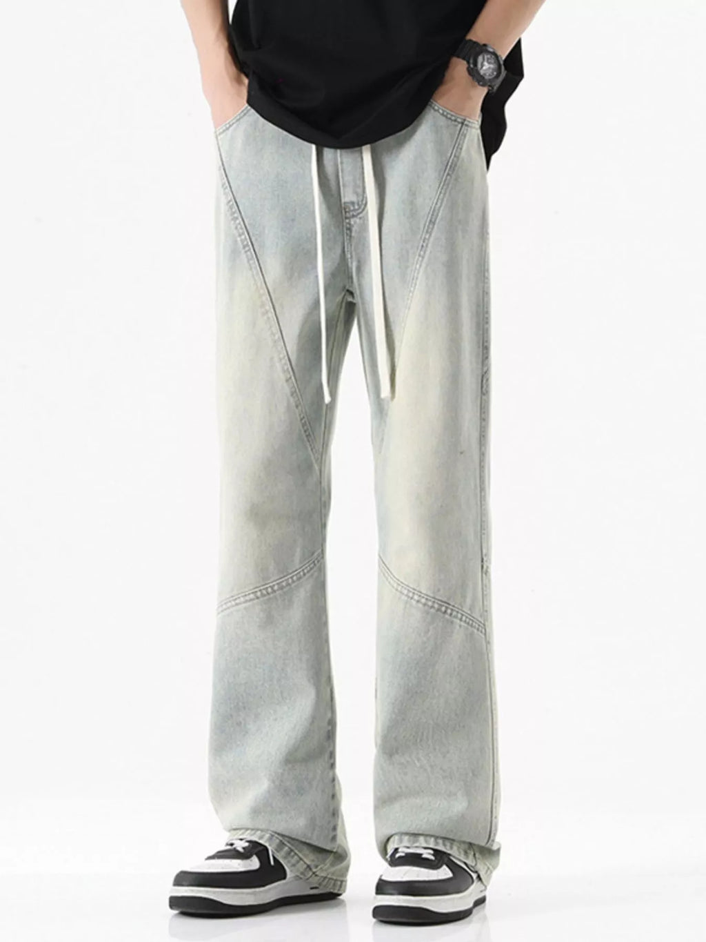 Drawstring Wide Leg Jeans Plus Size in Black for Men