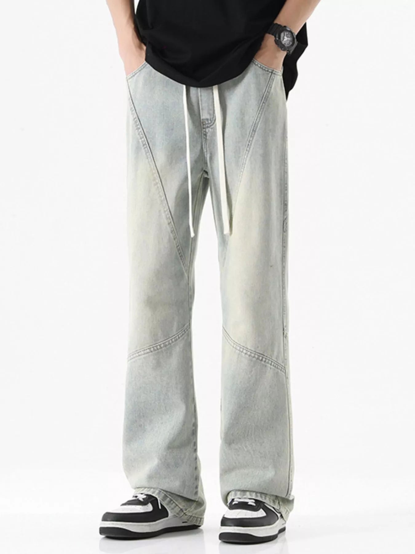 Drawstring Wide Leg Jeans Plus Size in Black for Men