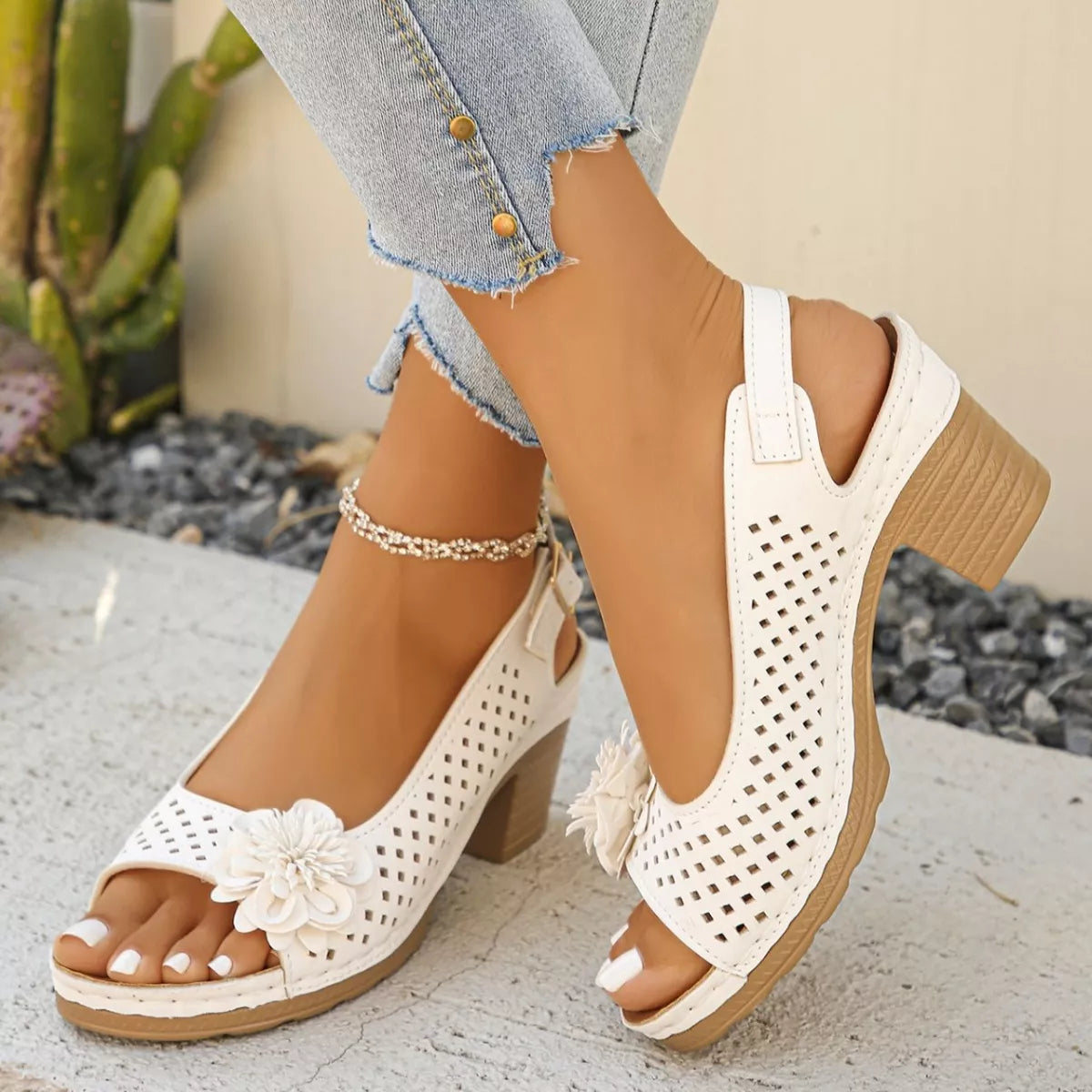 Floral Accent Block Heel Sandals in Brown for Women