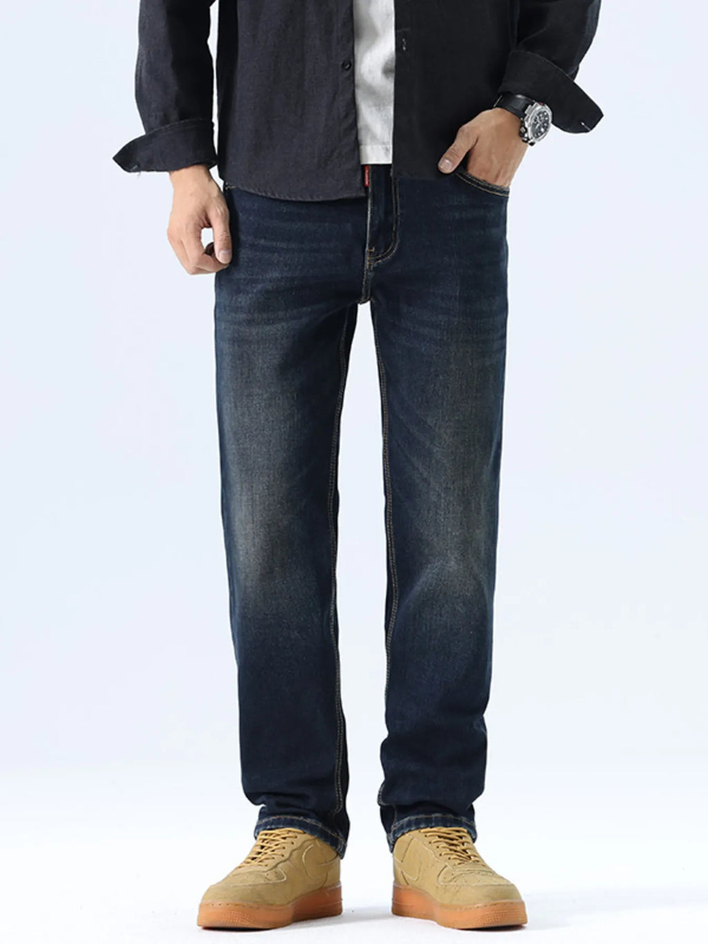 Straight Leg Washed Jeans in Dark Navy for Men