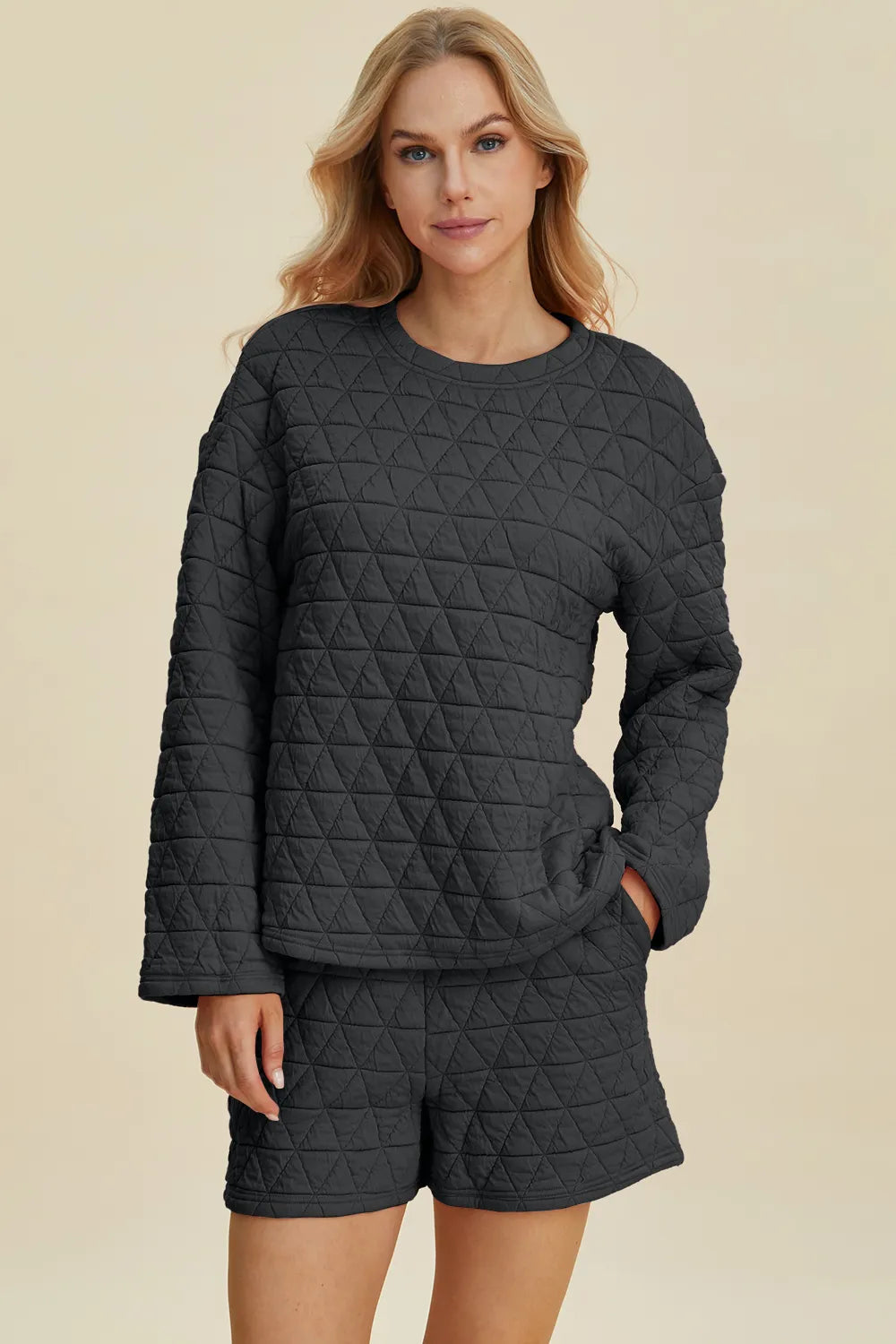 Plus Size Texture Round Neck Long Sleeve Top and Shorts Set in Pink in Black for Women