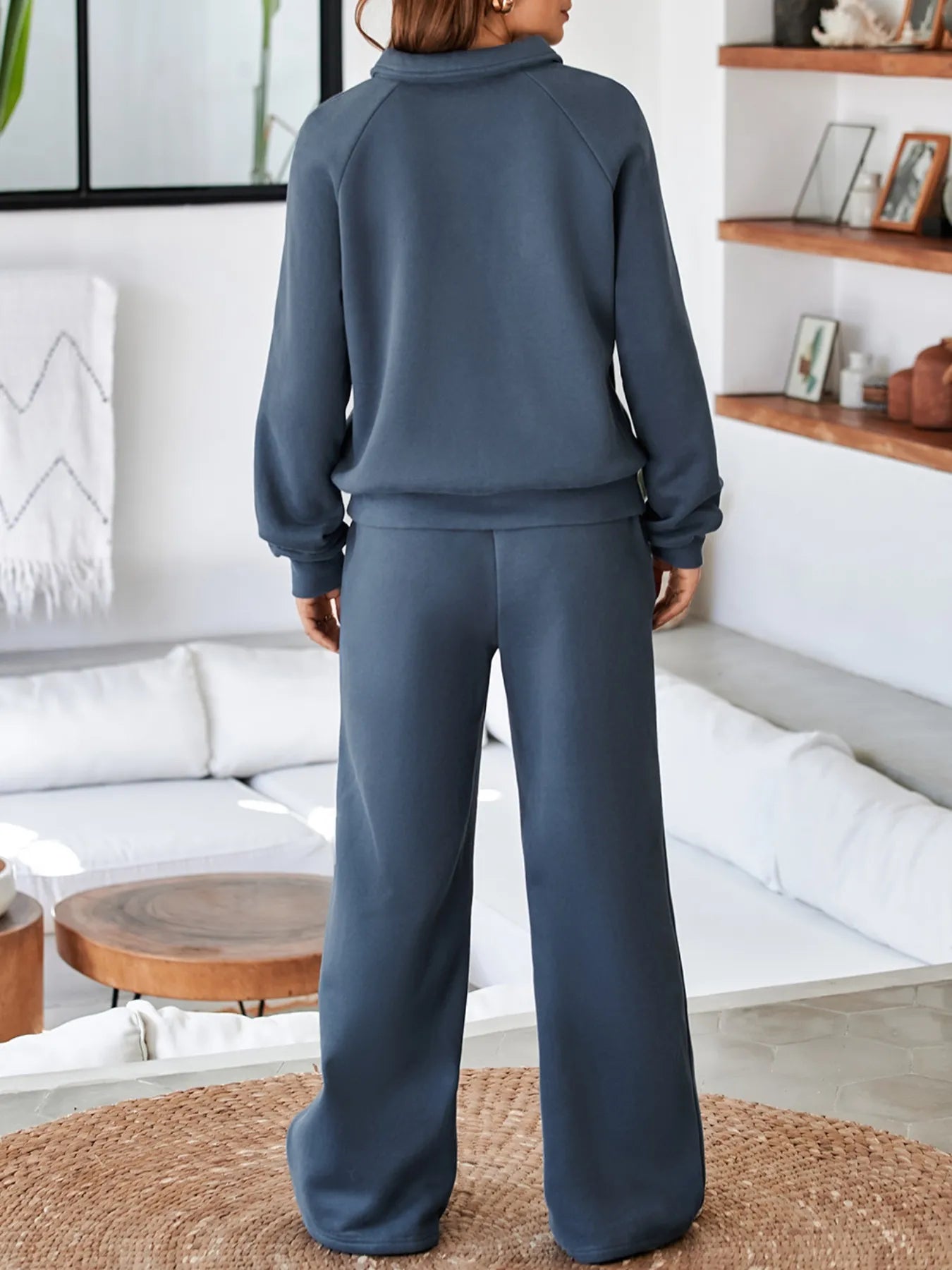 Collared Sweatshirt and High Waist Pants Active Set for Women