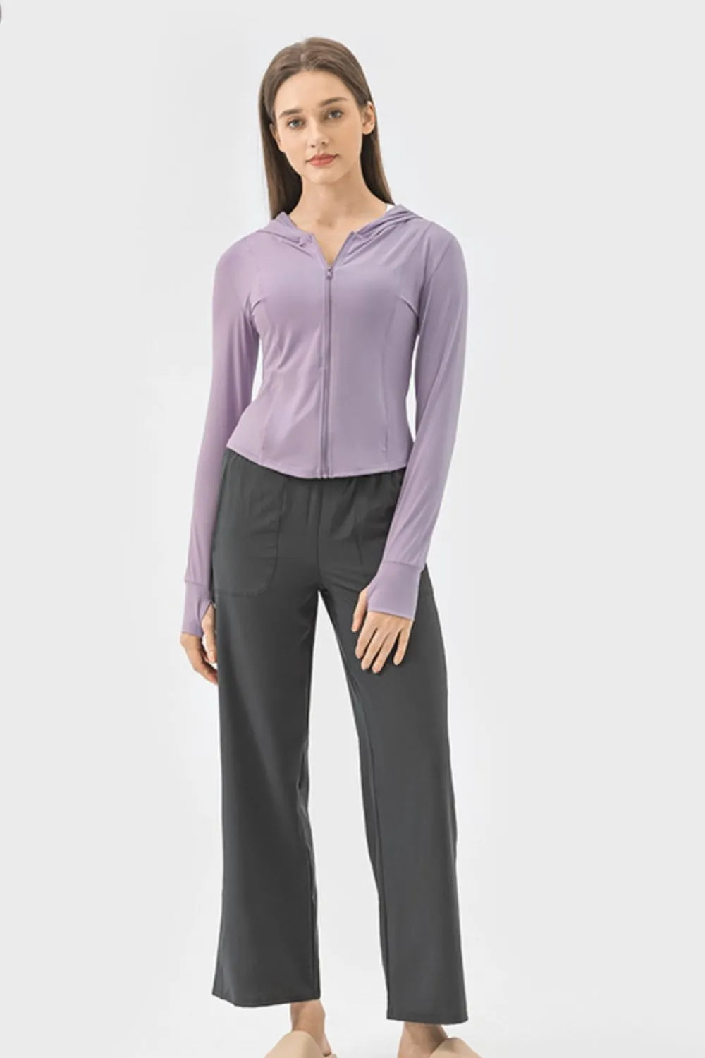 Pocketed Zip Up Hooded Long Sleeve Active Outerwear in Lavender for Women